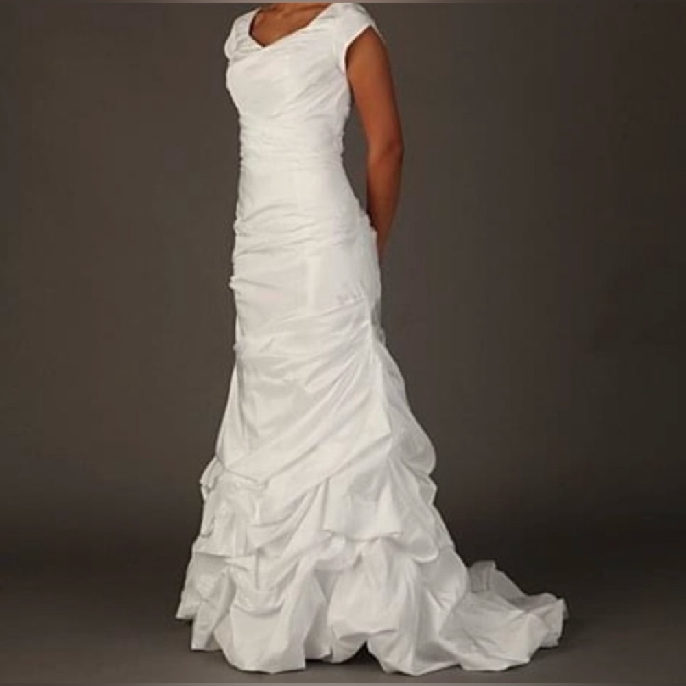 White Beautifully Modest satin mermaid wedding gown